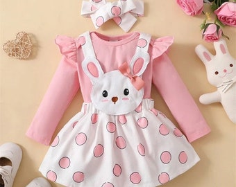 Easter Infant Baby Girls Jumpsuits Set Ruffle Long Sleeves Romper and Casual Cartoon Bunny Suspender Skirt Headband 3pcs