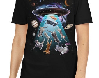 Aliens abducting cats into spaceship Cute Cat Shirt Short-Sleeve Unisex T-Shirt