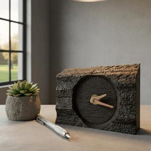 Op de afbeelding: Een decoratieve houten klok met een donkere, getextureerde buitenkant en een ronde wijzerplaat. De wijzers zijn van lichtgekleurd hout. Op de tafel staan ook een kleine vetplant in een stenen pot en een zilveren pen. De scène wordt verlicht door een hanglamp.