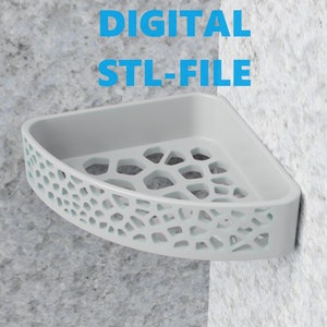 May include: A white corner shelf with a geometric pattern. The shelf is designed for a bathroom or kitchen.