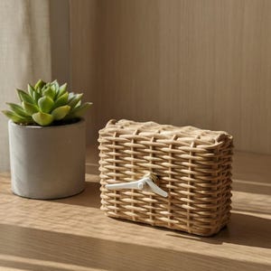 Peut inclure: Une horloge rectangulaire en osier tressé avec une poignée blanche. Une petite plante succulente dans un pot en béton gris est à gauche de l'horloge. L'horloge et la plante sont sur une surface en bois brun clair.