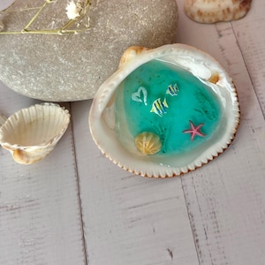 Op de afbeelding: Een grote zeeschelp met een turquoise hars binnenkant, versierd met miniatuurvissen, een roze zeester en een kleine zeeschelp. Een wit hart is op de hars geschilderd. Extra zeeschelpen en een grijze steen staan op de achtergrond.