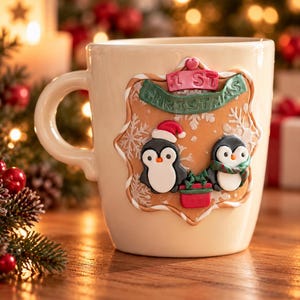 Könnte beinhalten: Ein cremefarbener Keramikbecher mit einer erhabenen, lebkuchenartigen Zierplakette. Die Plakette zeigt zwei Pinguine, einer davon mit roter Weihnachtsmütze, ein grünes Geschenk und ein Banner mit dem Text 1ST CHRISTMAS, verziert mit Schneeflocken.