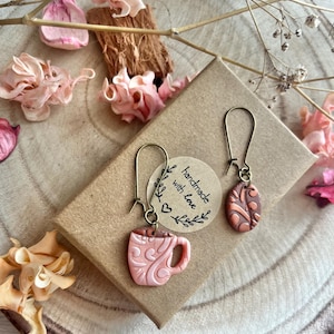 polymer clay earrings, coffee cup, handmade jewelry, unique earrings, gift for her, friend, creative earrings