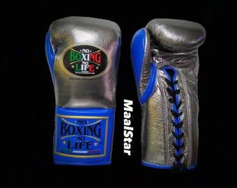 Gants de boxe Canelo No Boxing No Life personnalisés bleu foncé et gris | Variante Premium | Cuir de vachette pleine fleur |