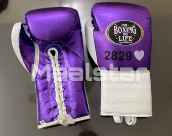 Gants de boxe Canelo No Boxing No Life personnalisés faits main violet et blanc | Variante Premium | Cuir de vachette pleine fleur |