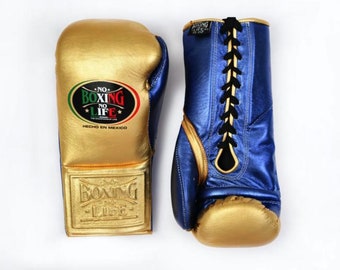 Gants de boxe No Boxing No Life faits main Canelo personnalisés Or et bleu | Variante Premium | Cuir de vachette pleine fleur |