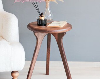 Mid Century Round Side Table , Walnut Wood End Table , Unique Bedside Table , Small Coffee Table