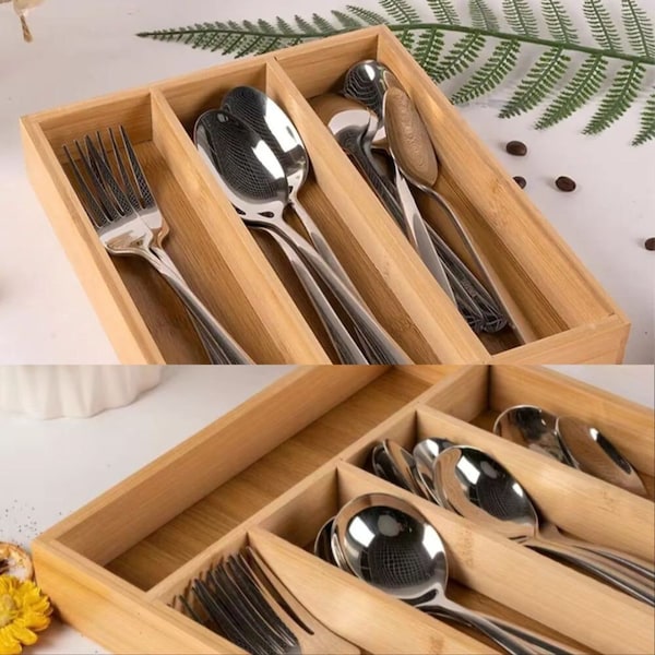 Wooden Cutlery Tray Organizer, 3 and 5 Compartments for Utensils, Silverware, Knives, Spoons, Forks