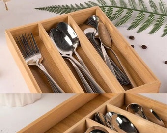 Wooden Cutlery Tray Organizer, 3 and 5 Compartments for Utensils, Silverware, Knives, Spoons, Forks