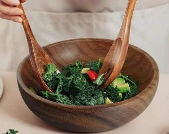 Acacia Wooden Bowls with Cooking Utensils, Perfect for Kitchen and Dining, Handcrafted Quality