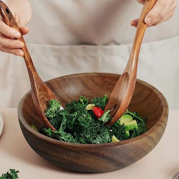 Bols en bois d'acacia avec ustensiles de cuisine, parfaits pour la cuisine et la salle à manger, qualité artisanale