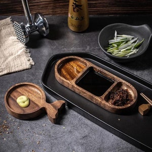 Wooden tray for sauces, serving tray for snacks, divided mini plate for snacks. image 1