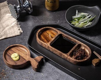 Wooden tray for sauces, serving tray for snacks, divided mini plate for snacks.