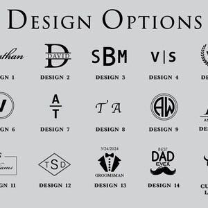 Peut inclure: Un tableau pr&eacute;sentant 14 options de design diff&eacute;rentes pour un logo. Les designs comprennent des initiales, des noms et d'autres &eacute;l&eacute;ments graphiques. Le texte "DESIGN OPTIONS" est en haut du tableau.