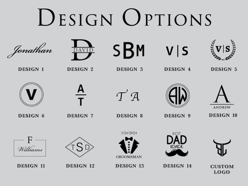 Peut inclure: Un tableau pr&eacute;sentant 14 options de design diff&eacute;rentes pour un logo. Les designs comprennent des initiales, des noms et d'autres &eacute;l&eacute;ments graphiques. Le texte "DESIGN OPTIONS" est en haut du tableau.