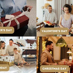 Peut inclure: Quatre images montrant diff&eacute;rentes occasions pour offrir des cadeaux. La premi&egrave;re image montre une personne tenant une bo&icirc;te cadeau rouge avec un ruban blanc. La deuxi&egrave;me image montre une personne tenant une bo&icirc;te cadeau avec un ruban rouge. La troisi&egrave;me image montre une famille ouvrant une bo&icirc;te cadeau. La quatri&egrave;me image montre deux personnes &eacute;changeant des cadeaux.