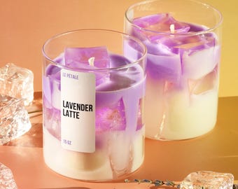 Handmade Lavender Latte Candle | 15 oz Soy Wax Candle with Gel Ice Cubes