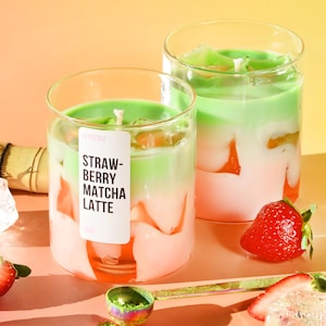 Handgjort jordgubbsmatcha-latteljus | Sojavax, gel-isbitar (450 ml)