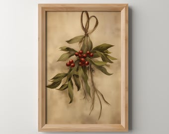 Mistelzweig Weihnachten Wand Kunst Druck Vintage Urlaub Botanische Dekor festliche Digital Download Winter Beere Wohnkultur Weihnachten druckbare Kunst