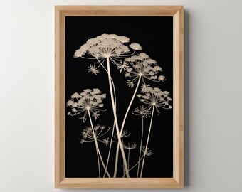 May include: A framed print of a botanical illustration of a cluster of delicate, white flowers on a black background. The flowers are stylized and have a metallic sheen.