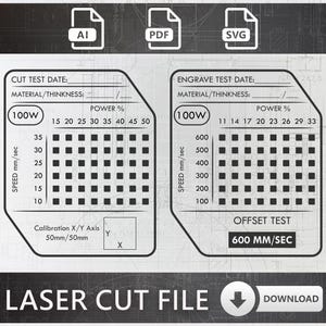 Laser Cutting and Engrave Calibration Card - Laser SVG Test File - Laser Cut Templates - CO2/Diode Lasers
