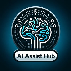 Könnte beinhalten: Ein blaues und weißes Logo mit einem stilisierten Gehirn aus Schaltkreisen in einem Kreis. Der Text "AI Assist Hub" befindet sich unter dem Kreis.