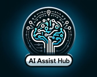 May include: A blue and white logo with a stylized brain made of circuit boards inside a circle. The text "AI Assist Hub" is below the circle.