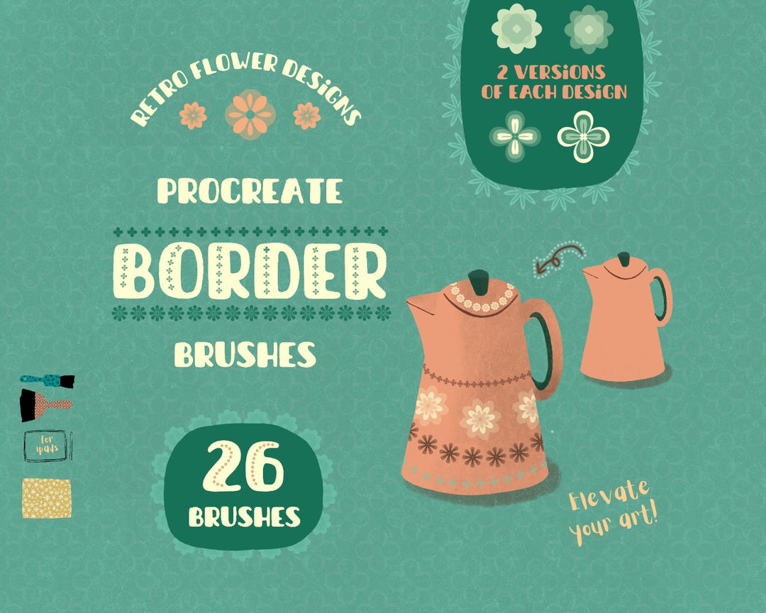 26 Border Brush Set for Procreate, Retro Floral Hand Drawn and ...