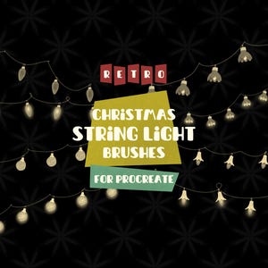 May include: A digital illustration showcasing retro Christmas string light brushes for Procreate. The image has a black background with a repeating star pattern. The text "Retro" is in red boxes, and "Christmas String Light Brushes for Procreate" is in white and green.