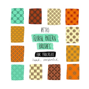 Könnte beinhalten: Eine Sammlung von Retro-Blumenmuster-Pinseln für Procreate, handillustriert. Das Bild zeigt zwölf rechteckige Farbfelder mit verschiedenen floralen Designs in Farben wie Türkis, Orange, Braun und Gelb, vor einem weißen Hintergrund.