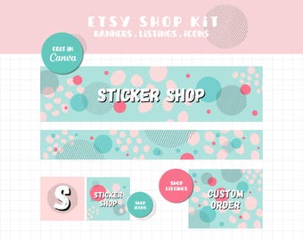 Etsy shop kit template, editable in Canva, banner, listings & icons mockup for business branding, hand drawn elements, digital download pdf