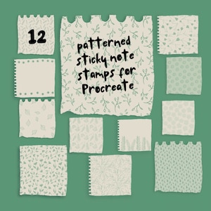 May include: Twelve patterned sticky note stamps for Procreate. The stamps feature various floral designs in shades of green on a beige background.