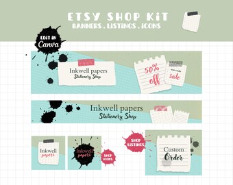Etsy shop kit template, editable in Canva, banner, listings & icons mockup for business branding, hand drawn elements, digital download pdf