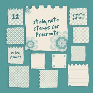 May include: Digital sticky note stamps for Procreate, with retro flower and geometric patterns in teal and cream. The design includes the text "sticky note stamps for Procreate".
