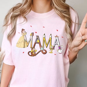 Custom Mama Beauty And The Beast Comfort Colors Shirt, Disney Mom Washed Tee, Personalized Gift For Mother's Day, Belle Mrs Potts And Chip