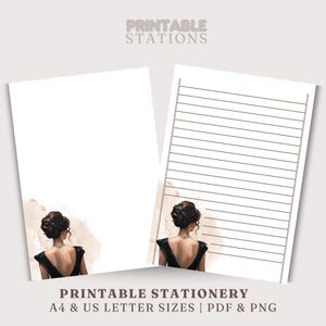 Papel de papelería imprimible, diseño de mujer elegante con vestido negro, papel de escritura con y sin rayas, papel de carta femenino, PDF, PNG, diario
