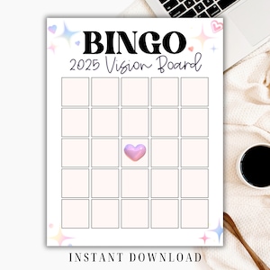 Tarjeta de bingo imprimible 2025, tablero de bingo de visión, tarjeta de bingo de Nochevieja, establecimiento de objetivos, juegos de fiesta de Año Nuevo, objetivos de Año Nuevo