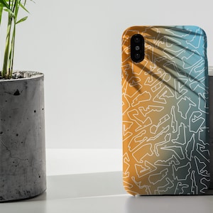May include: A phone case with a white geometric pattern on a gradient background of orange, yellow, and blue.