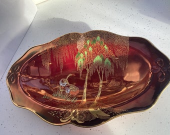 Vintage Carlton Ware Rouge Royal Lustre Chinoserie oval dish c 1930s , decorated with Cranes and willow trees