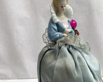 Vintage porcelain pin cushion half doll dressed Elizabethan Crinoline Lady