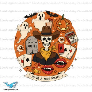 Spooky Western Skeleton Collage PNG, Halloween Cowboy Sublimation Design, Pumpkin Ghost Clipart, Vintage Motel Png, Trendy Halloween Png