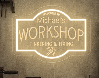 Personalised Workshop Neon Sign,Dad&#39;s Shed Led Light Sign,Handmade Led Light Sign,Workshop Decor,Gifts For Him,TInkering Fixing Sign