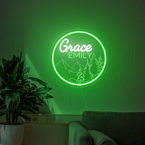 Insegna al neon con nome della foresta personalizzata, Insegna con nome personalizzato, Insegna al neon dell'orso della foresta, Insegna luminosa a led fatta a mano, Insegna della casa in legno della foresta, Insegna degli animali della foresta