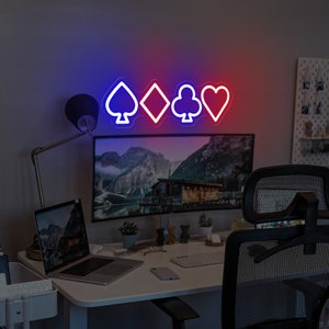 Spielkarte Anzüge Leuchtreklame, Pik Diamanten Clubs Leuchtreklame, handgemachtes LED-Lichtschild, Karte Anzug Wanddekor, Geschenke für ihn, Poker Club