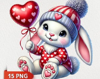 Watercolor Valentine Bunny Clipart: Romantic PNG Graphics (15 Files)