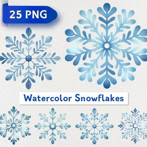 May include: A set of 25 watercolor snowflakes in shades of blue. The snowflakes are all different designs and are perfect for adding a touch of winter magic to your crafts.