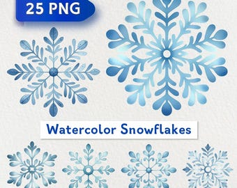 Watercolor Snowflakes Clipart: 25 Blue Winter PNG Images (Digital Download)