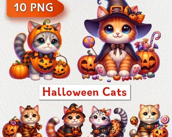 Aquarell Halloween Katzen Clipart: Gruseliges Kätzchen PNG (Digital Download)