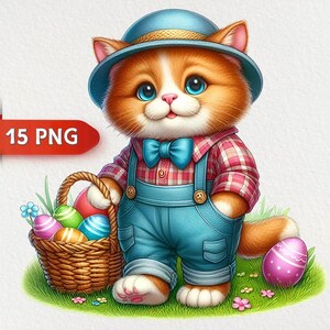 15 Clipart chats de Pâques aquarelle, lot de cliparts chat de Pâques, chatons de Pâques PNG, Clipart Pâques, chatons de Pâques, clipart chat printemps chambre d'enfant